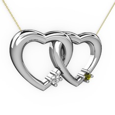 İkili Kalp Kolye - Swarovski ve peridot 8 ayar beyaz altın kolye (40 cm gümüş rolo zincir) #1esvncx