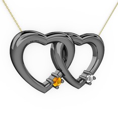 İkili Kalp Kolye - Sitrin ve swarovski 925 ayar siyah rodyum kaplama gümüş kolye (40 cm altın rolo zincir) #1eygpfg