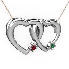 İkili Kalp Kolye - Rodolit garnet ve yeşil kuvars 18 ayar beyaz altın kolye (40 cm rose altın rolo zincir) #1f25zyv