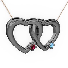 İkili Kalp Kolye - Rodolit garnet ve akuamarin 925 ayar siyah rodyum kaplama gümüş kolye (40 cm gümüş rolo zincir) #1fczxke