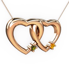 İkili Kalp Kolye - Peridot ve sitrin 14 ayar rose altın kolye (40 cm rose altın rolo zincir) #1fhu0l3