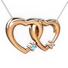 İkili Kalp Kolye - Akuamarin ve beyaz zirkon 14 ayar rose altın kolye (40 cm beyaz altın rolo zincir) #1g810ay