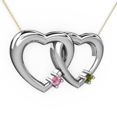 İkili Kalp Kolye - Pembe kuvars ve peridot 14 ayar beyaz altın kolye (40 cm altın rolo zincir) #1j12oc2