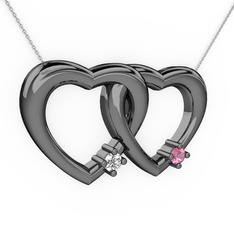 Swarovski ve pembe kuvars 925 ayar siyah rodyum kaplama gümüş kolye (40 cm gümüş rolo zincir)