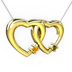 İkili Kalp Kolye - Sitrin ve peridot 14 ayar altın kolye (40 cm beyaz altın rolo zincir) #1kfy9e9