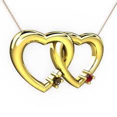 İkili Kalp Kolye - Dumanlı kuvars ve garnet 18 ayar altın kolye (40 cm rose altın rolo zincir) #1kktpml