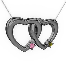 İkili Kalp Kolye - Pembe kuvars ve peridot 925 ayar siyah rodyum kaplama gümüş kolye (40 cm beyaz altın rolo zincir) #1ks2zsi