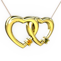 İkili Kalp Kolye - Sitrin ve peridot 8 ayar altın kolye (40 cm rose altın rolo zincir) #1kuk164