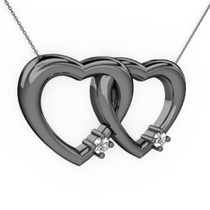 İkili Kalp Kolye - Pırlanta 925 ayar siyah rodyum kaplama gümüş kolye (0.072 karat, 40 cm gümüş rolo zincir) #1kx4xbr