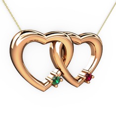 İkili Kalp Kolye - Yeşil kuvars ve rodolit garnet 14 ayar rose altın kolye (40 cm altın rolo zincir) #1mosyrr