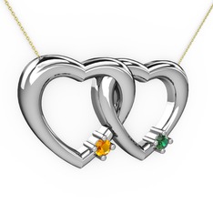 İkili Kalp Kolye - Sitrin ve yeşil kuvars 8 ayar beyaz altın kolye (40 cm altın rolo zincir) #1n0y2mu