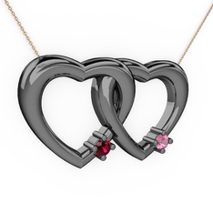 İkili Kalp Kolye - Rodolit garnet ve pembe kuvars 925 ayar siyah rodyum kaplama gümüş kolye (40 cm rose altın rolo zincir) #1o9on2x