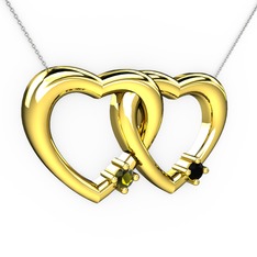 İkili Kalp Kolye - Peridot ve siyah zirkon 18 ayar altın kolye (40 cm gümüş rolo zincir) #1ocxdi2