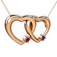 İkili Kalp Kolye - Garnet ve ametist 8 ayar rose altın kolye (40 cm gümüş rolo zincir) #1olvq8f