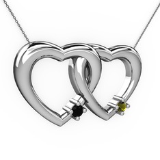 İkili Kalp Kolye - Siyah zirkon ve peridot 8 ayar beyaz altın kolye (40 cm gümüş rolo zincir) #1ovhtsx