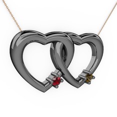 Garnet ve dumanlı kuvars 925 ayar siyah rodyum kaplama gümüş kolye (40 cm rose altın rolo zincir)