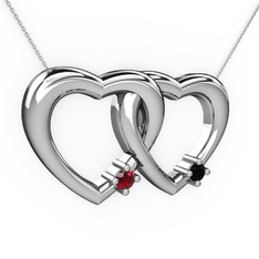 İkili Kalp Kolye - Garnet ve siyah zirkon 18 ayar beyaz altın kolye (40 cm gümüş rolo zincir) #1pfjsmn