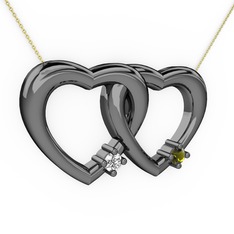 İkili Kalp Kolye - Swarovski ve peridot 925 ayar siyah rodyum kaplama gümüş kolye (40 cm altın rolo zincir) #1rfphlq