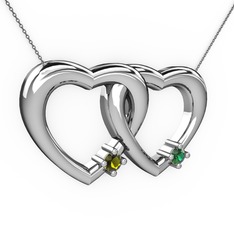 İkili Kalp Kolye - Peridot ve yeşil kuvars 14 ayar beyaz altın kolye (40 cm gümüş rolo zincir) #1tgz0qc