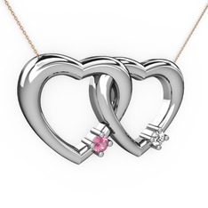 Pembe kuvars ve swarovski 18 ayar beyaz altın kolye (40 cm rose altın rolo zincir)
