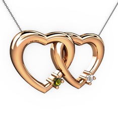 İkili Kalp Kolye - Peridot ve swarovski 18 ayar rose altın kolye (40 cm gümüş rolo zincir) #1ux7gsa