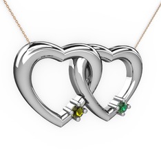 İkili Kalp Kolye - Peridot ve yeşil kuvars 8 ayar beyaz altın kolye (40 cm gümüş rolo zincir) #1v6lpv