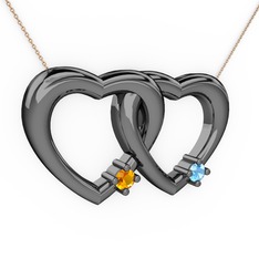 İkili Kalp Kolye - Sitrin ve akuamarin 925 ayar siyah rodyum kaplama gümüş kolye (40 cm rose altın rolo zincir) #1v79jb4