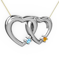 İkili Kalp Kolye - Akuamarin ve sitrin 8 ayar beyaz altın kolye (40 cm gümüş rolo zincir) #1vgih73