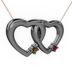 İkili Kalp Kolye - Dumanlı kuvars ve rodolit garnet 925 ayar siyah rodyum kaplama gümüş kolye (40 cm rose altın rolo zincir) #1wn99g0