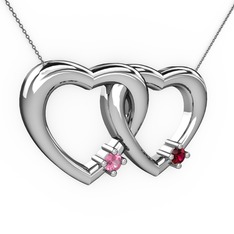 Pembe kuvars ve rodolit garnet 18 ayar beyaz altın kolye (40 cm gümüş rolo zincir)
