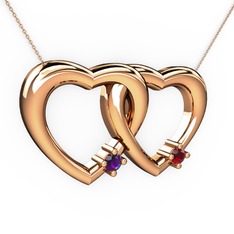 İkili Kalp Kolye - Ametist ve garnet 14 ayar rose altın kolye (40 cm rose altın rolo zincir) #1wyorny