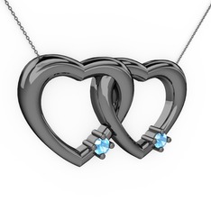 İkili Kalp Kolye - Akuamarin 925 ayar siyah rodyum kaplama gümüş kolye (40 cm gümüş rolo zincir) #1y4py4h