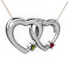 İkili Kalp Kolye - Peridot ve rodolit garnet 8 ayar beyaz altın kolye (40 cm rose altın rolo zincir) #1yu5krb