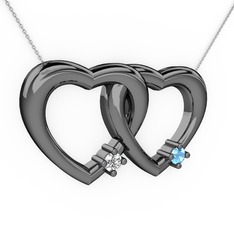 İkili Kalp Kolye - Swarovski ve akuamarin 925 ayar siyah rodyum kaplama gümüş kolye (40 cm beyaz altın rolo zincir) #3cxz6c
