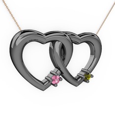 İkili Kalp Kolye - Pembe kuvars ve peridot 925 ayar siyah rodyum kaplama gümüş kolye (40 cm gümüş rolo zincir) #3jhkc7