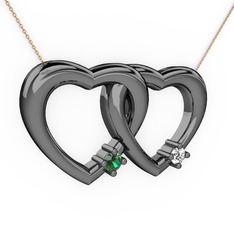 İkili Kalp Kolye - Yeşil kuvars ve pırlanta 925 ayar siyah rodyum kaplama gümüş kolye (0.036 karat, 40 cm rose altın rolo zincir) #40jmdu