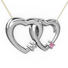 İkili Kalp Kolye - Pırlanta ve pembe kuvars 925 ayar gümüş kolye (0.036 karat, 40 cm altın rolo zincir) #4xesrt