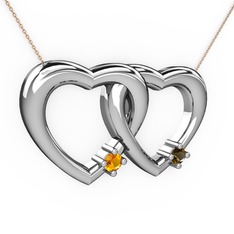 İkili Kalp Kolye - Sitrin ve dumanlı kuvars 8 ayar beyaz altın kolye (40 cm gümüş rolo zincir) #5mjs1l