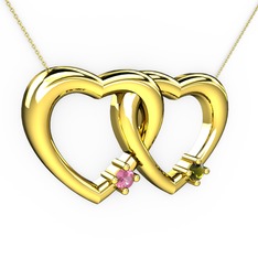 İkili Kalp Kolye - Pembe kuvars ve peridot 8 ayar altın kolye (40 cm altın rolo zincir) #5nlm2t