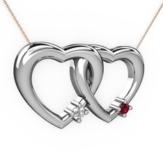 İkili Kalp Kolye - Pırlanta ve rodolit garnet 925 ayar gümüş kolye (0.036 karat, 40 cm rose altın rolo zincir) #6f731q