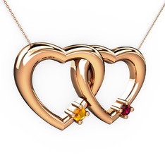 İkili Kalp Kolye - Sitrin ve rodolit garnet 14 ayar rose altın kolye (40 cm rose altın rolo zincir) #8wty4r