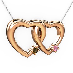 İkili Kalp Kolye - Dumanlı kuvars ve pembe kuvars 18 ayar rose altın kolye (40 cm beyaz altın rolo zincir) #94jv3o