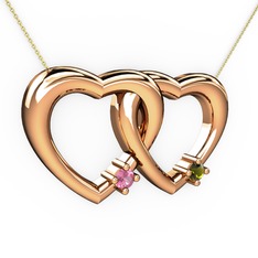 İkili Kalp Kolye - Pembe kuvars ve peridot 18 ayar rose altın kolye (40 cm altın rolo zincir) #9dpajd