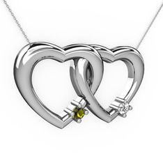 İkili Kalp Kolye - Peridot ve swarovski 14 ayar beyaz altın kolye (40 cm beyaz altın rolo zincir) #9n0sqm