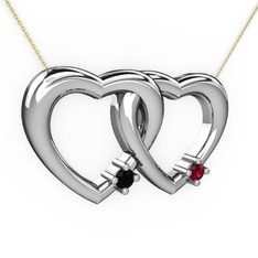 İkili Kalp Kolye - Siyah zirkon ve rodolit garnet 14 ayar beyaz altın kolye (40 cm altın rolo zincir) #9xekdh