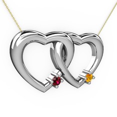 İkili Kalp Kolye - Rodolit garnet ve sitrin 18 ayar beyaz altın kolye (40 cm altın rolo zincir) #amc55b