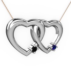 İkili Kalp Kolye - Siyah zirkon ve lab safir 8 ayar beyaz altın kolye (40 cm rose altın rolo zincir) #daue33