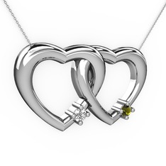 İkili Kalp Kolye - Pırlanta ve peridot 925 ayar gümüş kolye (0.036 karat, 40 cm beyaz altın rolo zincir) #djqzvx