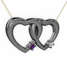 İkili Kalp Kolye - Ametist ve beyaz zirkon 925 ayar siyah rodyum kaplama gümüş kolye (40 cm altın rolo zincir) #dqngnj