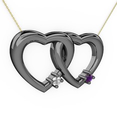 İkili Kalp Kolye - Swarovski ve ametist 925 ayar siyah rodyum kaplama gümüş kolye (40 cm gümüş rolo zincir) #drvekj